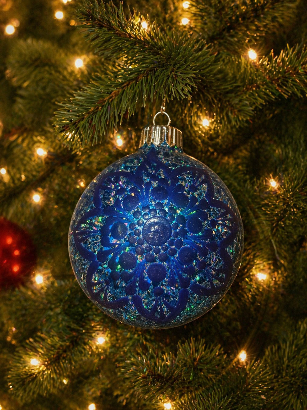 Hand-Painted Blue Mandala Ornament – Iridescent Sparkle Christmas Bauble